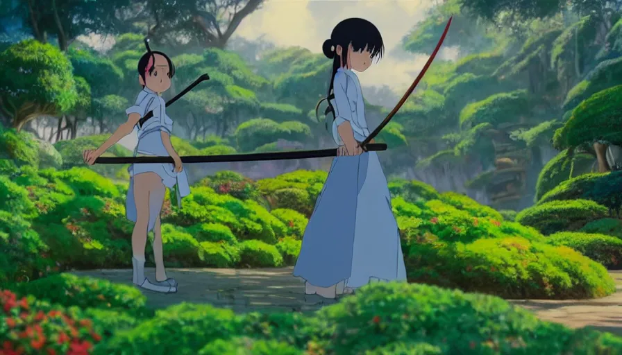 Image similar to 8 k screencap of a girl with a sword on a jardim botanico anime, by hayao miyazaki, studio ghibli, curitiba background extremely high quality artwork