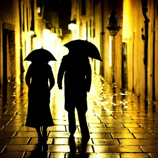 Image similar to an emotional picture of two shadowy figures under one umbrella at night in an ally, it is raining heavily, street lanterns are shining, they are reflected on the rainy street, 35mm, juno filter, motion blur, trending on artstation