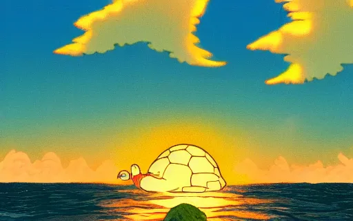 Prompt: an island with a giant castle on top of a giant turtle in the ocean, sunset, drawn by hayao miyazaki, studio ghibli film, hi res, high detail, 4k