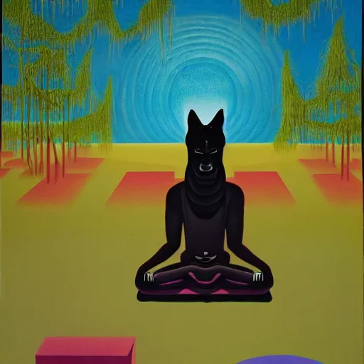 Prompt: an anthromorphic wolf man meditating in a zen garden, by amanda clark and karel thole in a psychedelic style, oil on canvas