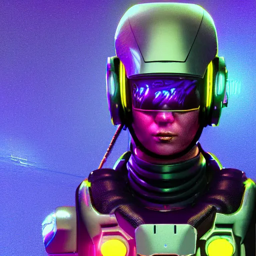 Image similar to cyberpunk concept cool character warrior bot, cinema 4 d, galaxy, ufo, space sci - fi, wearing vr goggles, illustration, portrait, pastel neon textured background night, trending on artstation, greg rutkowski, octane rendered, 1 2 k, detailed,