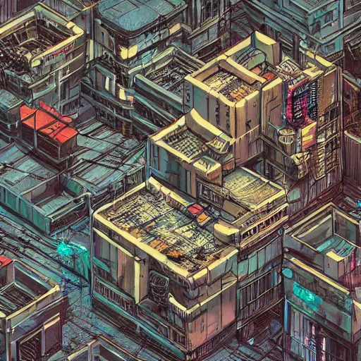 Image similar to Post-apocalyptic Cybercity. Aerial view. Isometric. detailed textured illustration by Moebius and Marc Simonetti. cluttered building apartments, electrical wires madness, grainy textures Vray, Depth of field