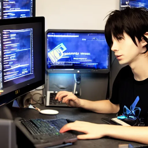 Image similar to friendly anime hacker working at computer