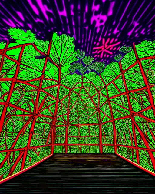 Image similar to landscape by shigeru ban, fisheye nature flowers junglepunk neon signs dramatic lighting nightvision forest morning sun darkacademia laser uv light vaporwave at night hyperrealism, archdaily, wallpaper, highly detailed, trending on artstation.