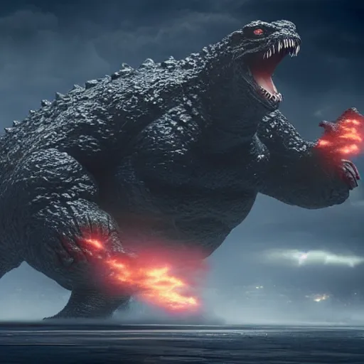 Image similar to a blob having the form of Godzilla, octane render, 3D