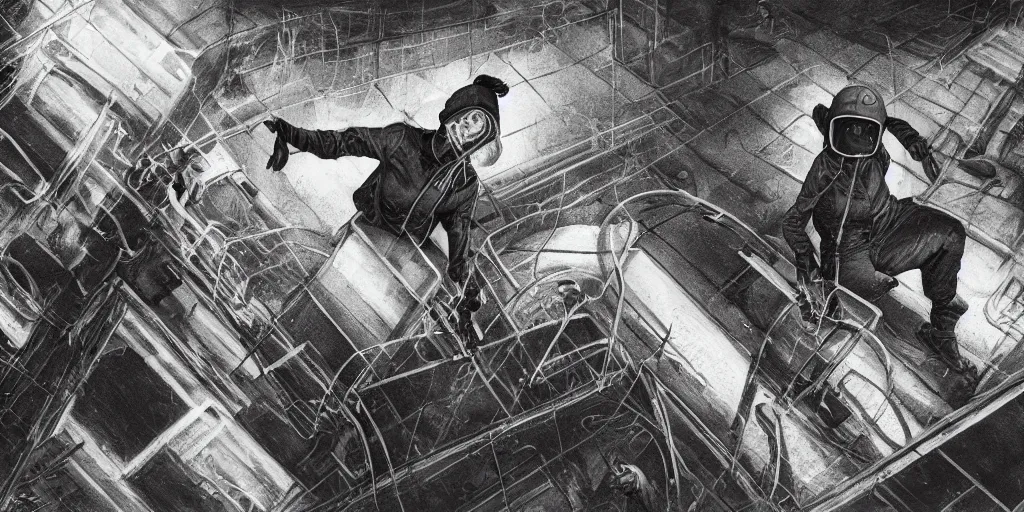 Image similar to woman wearing black beanie and black bomber jacket, holding shotgun, charging toward soldiers, soldiers wearing hazmat suits, underground lab, MC Escher style architecture, sterile, unknown location, light and shadows, fire, bullet shells flying, aerial photography, concept art