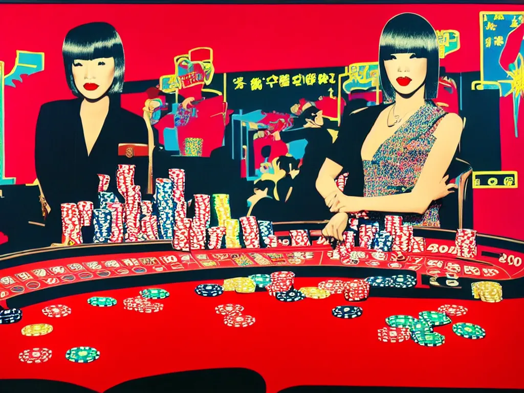 Image similar to hyper - realistic composition of a room in a casino with an extremely detailed poker table, croupier in traditional japanese kimono standing nearby fireworks in the background, pop art style, jackie tsai style, andy warhol style, acrylic on canvas