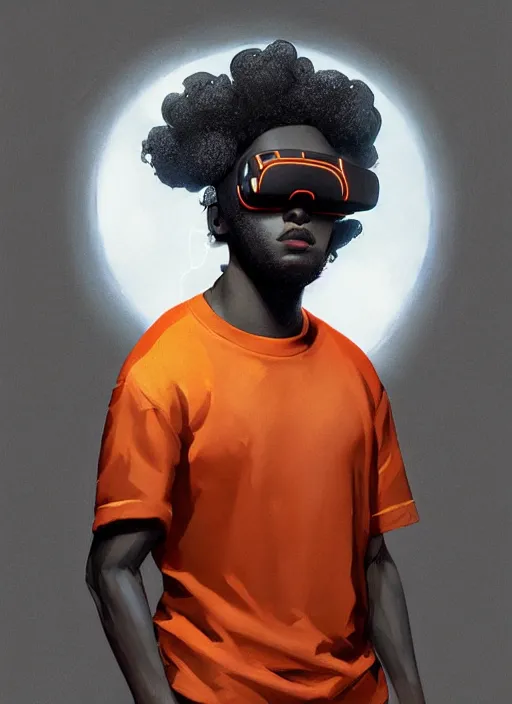 Prompt: handsome black genius hacking the metaverse, vr headset, white t - shirt and jordans floating, three dimensional holographs and translucent orange glow, highly detailed, digital painting, artstation, concept art, smooth, sharp focus, illustration, art by wlop, uang guangjian and gil elvgren and sachin teng and greg rutkowski