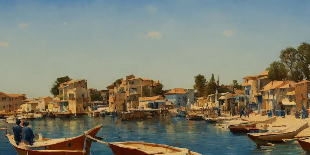 Image similar to a beautiful extremely complex painting of a mediterranean fishing village in summer by peter ilsted, whitewashed housed, tall cypress trees, blue shutters on windows, people walking down a street, fishing boats in the water, beautiful blue water, trending and featured on artstation and behance