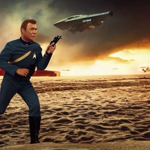 Prompt: captain j. kirk from star trek storming the beaches of normandy on d - day. film still, ultra realism, dramatic lighting, action pose, zeiss lens, canon eos, artstation, dynamic pose, redshift, octane