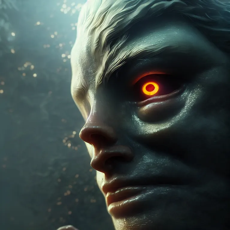 Image similar to ultra realistic beautiful cyborg deity eyes closed, fantasy, intricate details, movie still, highly detailed, photorealistic, octane render, eerie, 8k, art by james clyne and greg rutkowski and michael welan