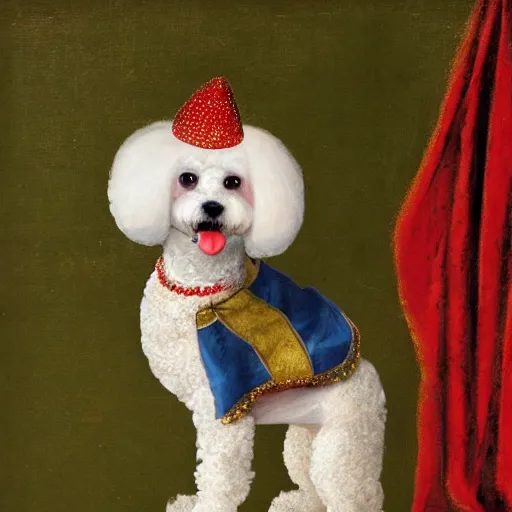 Image similar to bichon frise dog wearing a jester costume while standing on hind legs, medieval painting