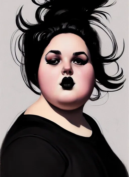 Prompt: portrait of a chubby woman with a crooked nose and a confident expression, 1 9 6 0 s, black clothes, goth, punk, funk, intricate, elegant, highly detailed, digital painting, artstation, concept art, smooth, sharp focus, illustration, art by wlop, mars ravelo and greg rutkowski