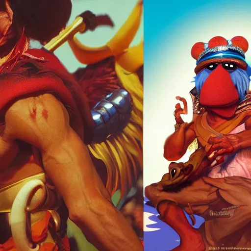 Image similar to gonzo from the muppets as dhalsim from street fighter, 4 k, ultra realistic, detailed focused art by artgerm and greg rutkowski and alphonse mucha