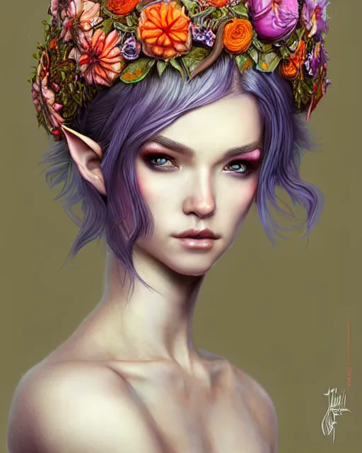 Prompt: digital art, centered head of elven bride with short hair, vivid flower crown ,body made with intricate roots, by James Jean and by artgerm, by ross tran , ultradetailed, charachter design, concept art, trending on artstation,