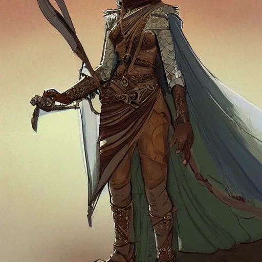 Image similar to Emeth the elven desert bandit. Arabian style. Epic portrait by james gurney and Alfonso mucha (lotr, witcher 3, dnd, dragon age, gladiator, scoia'tael). Practical light armor.