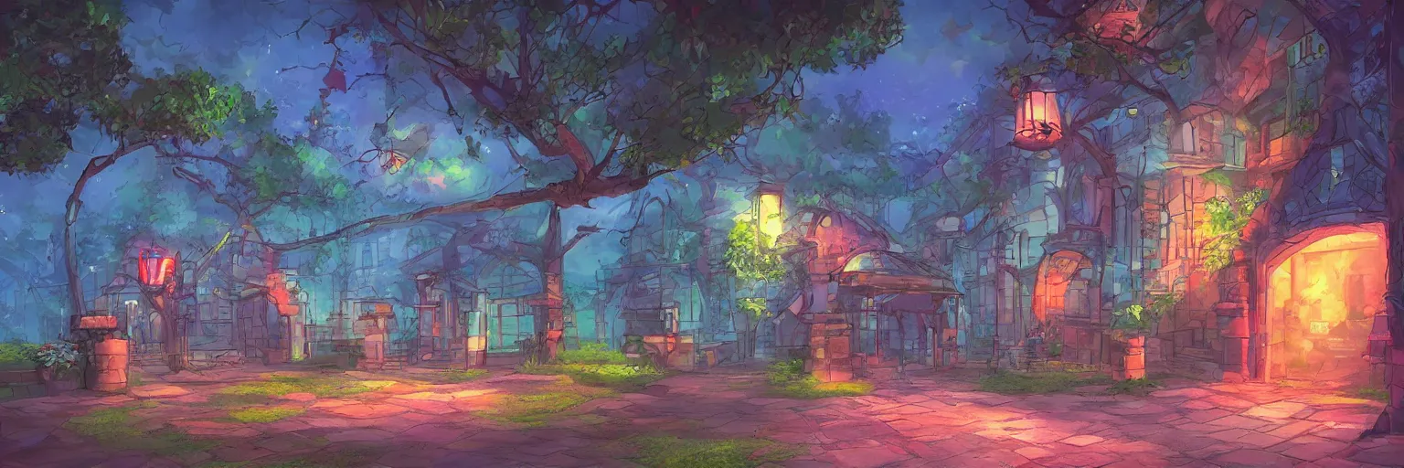 Prompt: entrance to a building with a path on the lawn, a giant screen, at night, artstation, concept art, vibrant colors, fish lens, studio ghibli