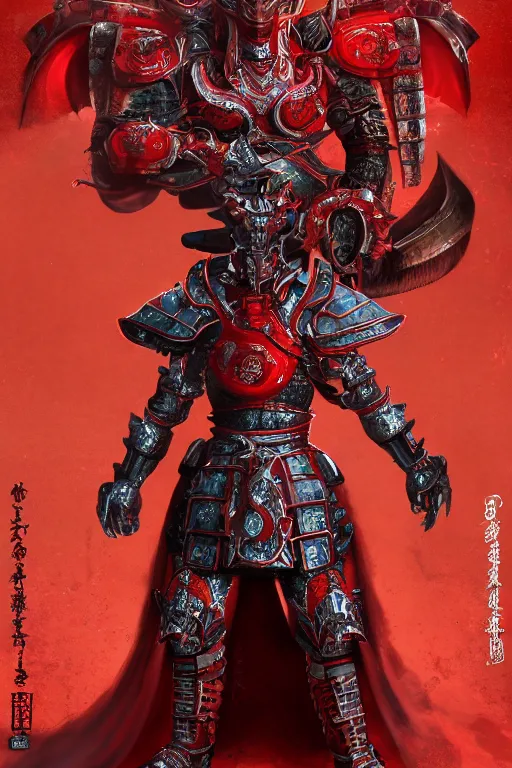 Image similar to full body portrait of a mechanical dragon samurai in red japanese armor, Records of the Three Kingdoms, Concept Art, ultra detailed, octane render, 8k, artstation