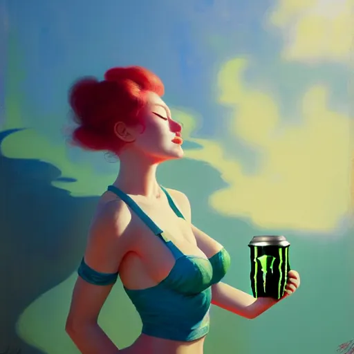 Prompt: girl drinks monster energy, organic painting, sunny day, matte painting, bold shapes, hard edges, street art, trending on artstation, by huang guangjian and gil elvgren and sachin teng