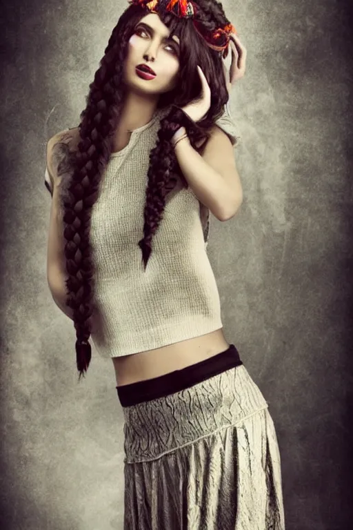 Prompt: beautiful middle eastern woman with long braided wavy black hair, wearing a skirt and tank top, full body, in the style of Anna Dittman, fashion photography
