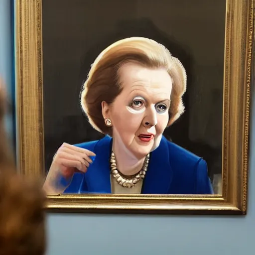 Prompt: close up of liz truss looking into a mirror and seeing margaret thatcher as her reflection, cinematographic shot, by daniel f. gerhartz