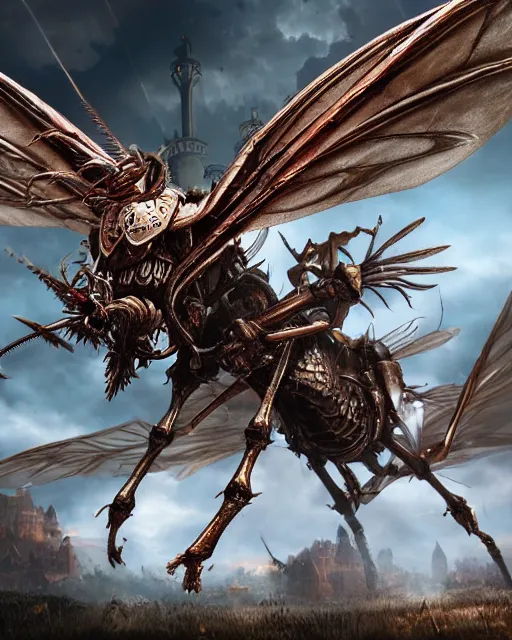 Prompt: A epic and beautiful rococo painting of a giant mosquito, reminiscent of a winged medieval knight. ultra-detailed. Castlevania style. Anime, pixiv, UHD 8K CryEngine, octane render