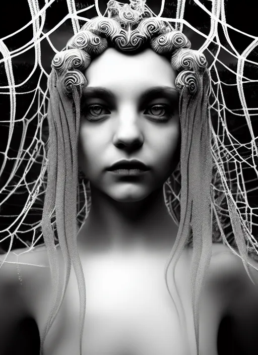 Prompt: surreal mythical dreamy dark artistic black and white fine art photo of a beautiful young female medusa - mermaid - cyborg covered with translucent algae, highly detailed, intricate crystal ivy jelly fish scales ornate, lace web, poetic, octane render, 8 k, photo - realistic, by man ray