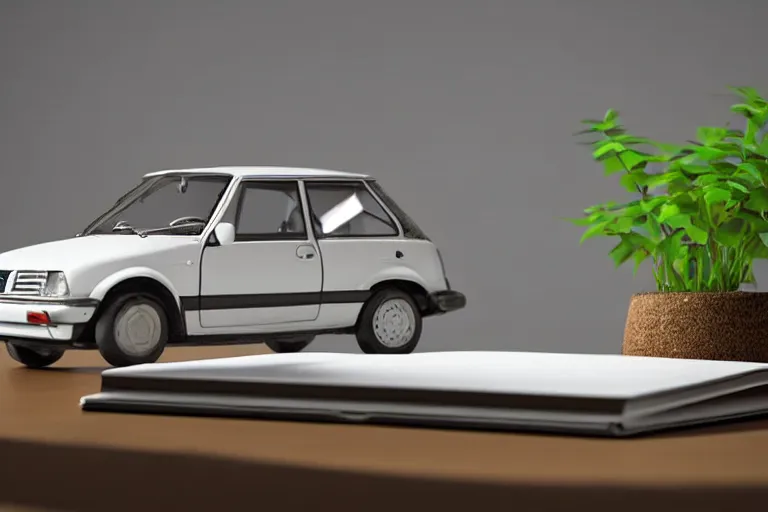 Prompt: a small miniature of a Peugeot 309 Vital on a white table near a book and a vase with a plant, 3d render, unreal engine 5, octane render, 4k, low contrast, path tracing, serene landscape, calm, relaxing, beautiful landscape, highly detailed, high quality, product photo, hyperrealistic, concept art, symmetrical