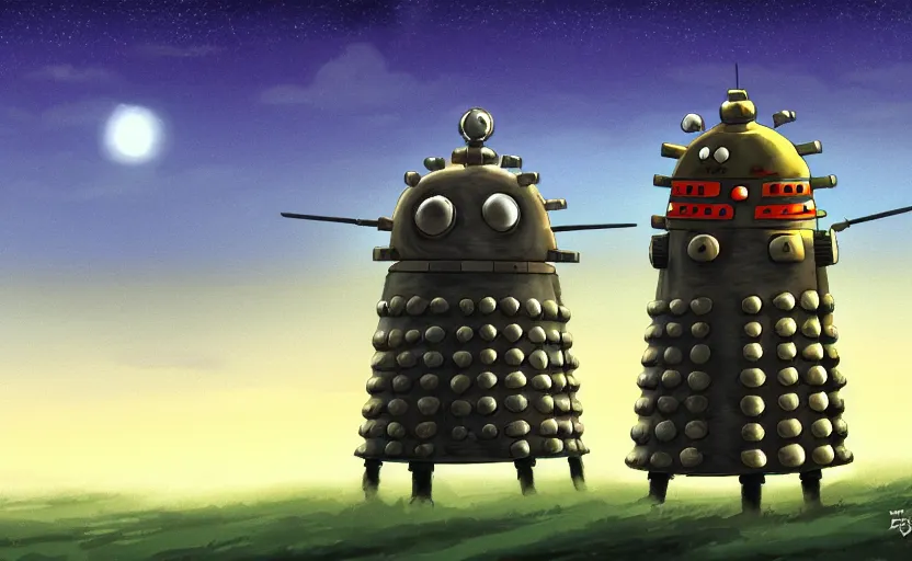 Prompt: a cell - shaded studio ghibli concept art study of a dalek on a misty starry night. very dull colors, hd, 4 k, hq