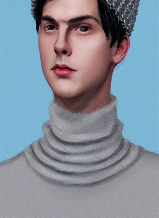 Image similar to portrait of teenage jughead jones wearing a light grey crown, crown, blue turtleneck, 1 9 5 0 s, closed eyes, photorealistic, black hair, glowing lighting, intricate, elegant, glowing lights, highly detailed, digital painting, artstation, concept art, smooth, sharp focus, illustration, art by wlop, mars ravelo and greg rutkowski