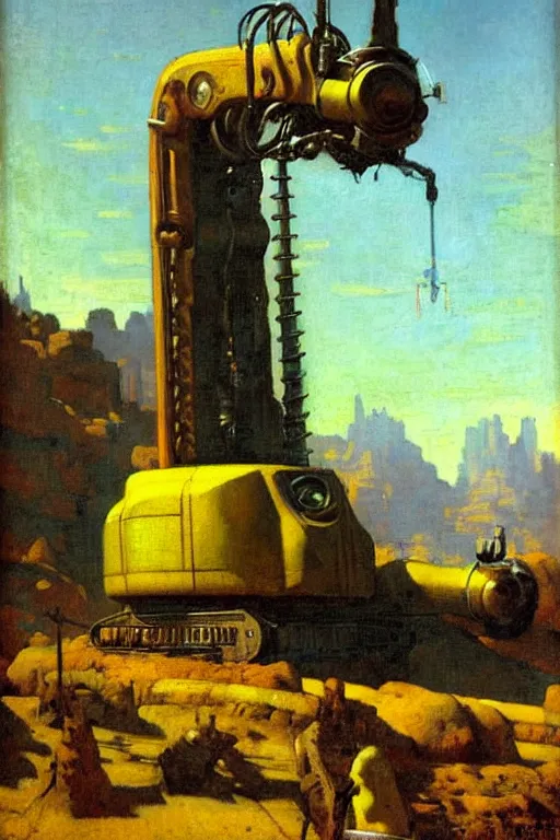 Image similar to fallout, huge machine robot, cool tint, painting by, gaston bussiere, johannes vermeer