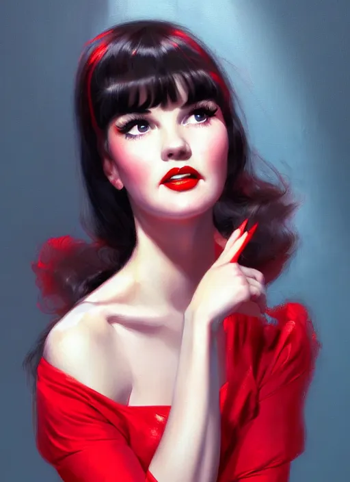Prompt: portrait of betty page with bangs, 1 9 6 0 s, long hair, red clothes, bangs, intricate, elegant, glowing lights, highly detailed, digital painting, artstation, concept art, smooth, sharp focus, illustration, art by wlop, mars ravelo and greg rutkowski