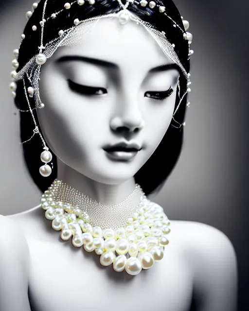 Image similar to black and white dreamy young beautiful veiled female artificial intelligence, realistic pearl ornament in the face, long hair are intricate with highly detailed realistic pearls, cinematic, rim light, bokeh, photo - realistic, elegant, high detail, 8 k, masterpiece, photo taken in 1 9 3 0