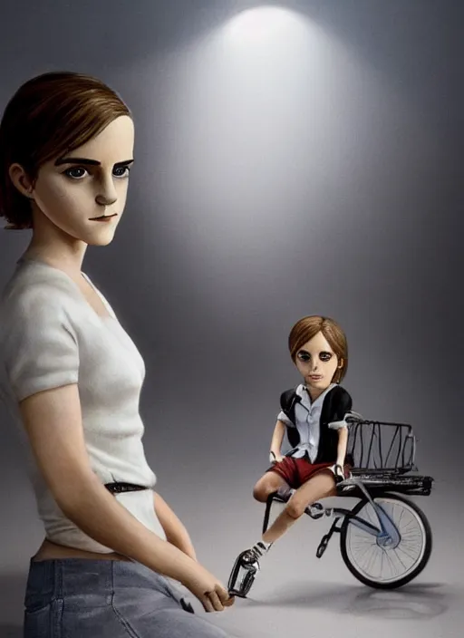 Prompt: hyperrealism emma watson riding a tricycle, light effect, hyper detailed, claymation, cartoon, detailed, realistic materials, sharp focus