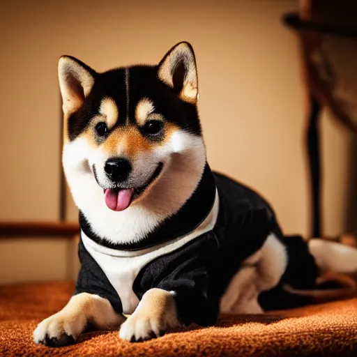 Image similar to professional photograph of a shiba inu wearing a fancy outfit, high quality, HD, 8K, highly detailed