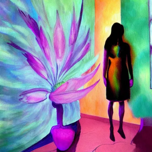 Image similar to giant flower head, woman standing in a luxury apartment, surreal, dramatic light, impressionist painting, digital painting, artstation, georgia o'keeffe