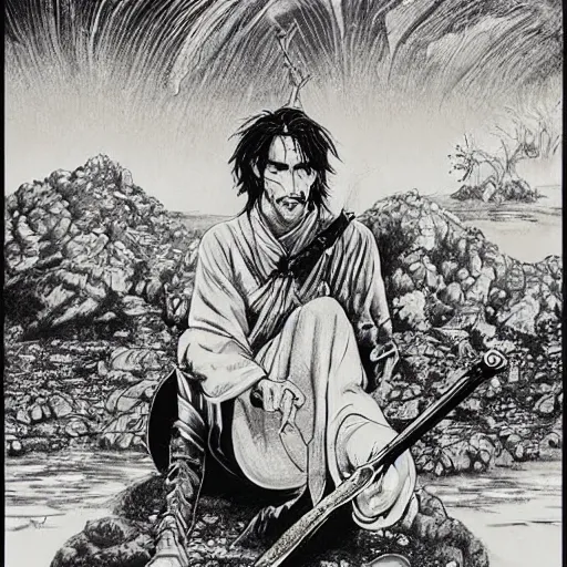 Image similar to pen and ink!!!! attractive 22 year old Frank Zappa x Daniel Radcliff golden Vagabond magic swordsman glides through a beautiful battlefield magic the gathering dramatic esoteric!!!!!! pen and ink!!!!! illustrated in high detail!!!!!!!! by Hiroya Oku!!!!! Written by Wes Anderson graphic novel published on shonen jump 2002 award winning!!!!