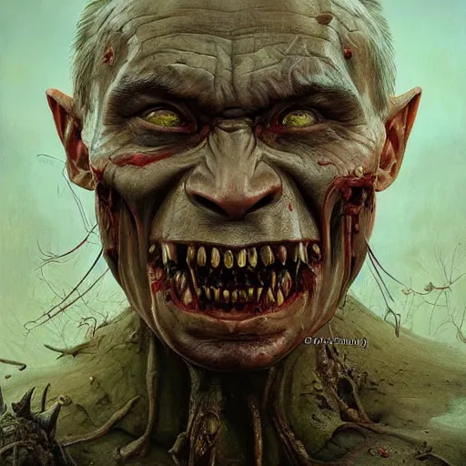 Prompt: vladimir putin, is orc, rotten tooth, horror, macabre by donato giancola and greg rutkowski and wayne barlow and zdzisław beksinski, realistic face, digital art