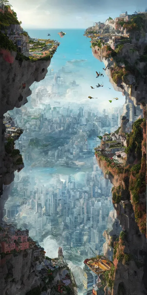 Image similar to a painting of a city built into the side of a cliff, a detailed matte painting by chris labrooy and wes anderson, architecture by morphosis and daniel libeskind, nature meets architecture, cgsociety, fantastic realism, matte painting, terragen, artstation hq