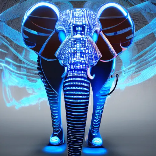 Prompt: futuristic cybertronic elephant, mechanical, blue tusks