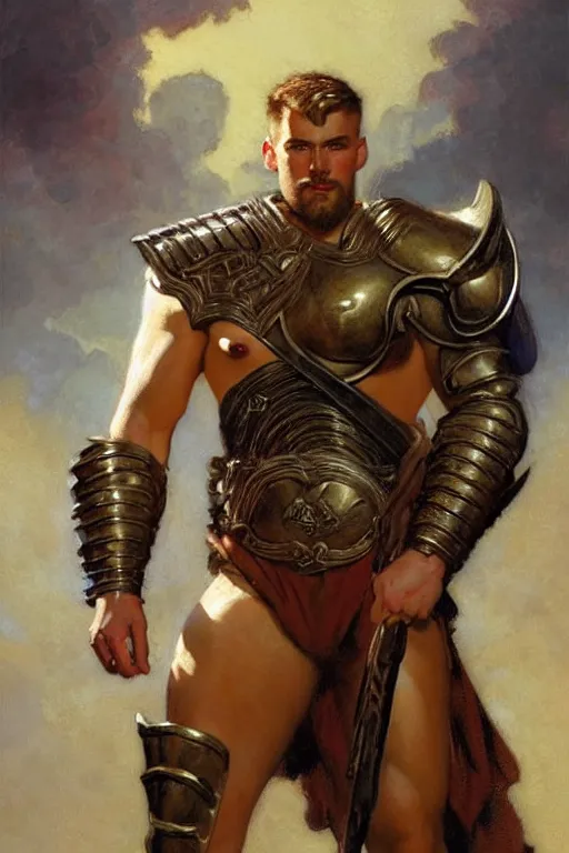 Prompt: attractive beefy male with armor, character design, painting by gaston bussiere, craig mullins, j. c. leyendecker, tom of finland