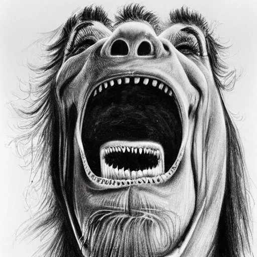 Image similar to A horse grinning with a full set of human teeth, drawing by Stephen Gammell