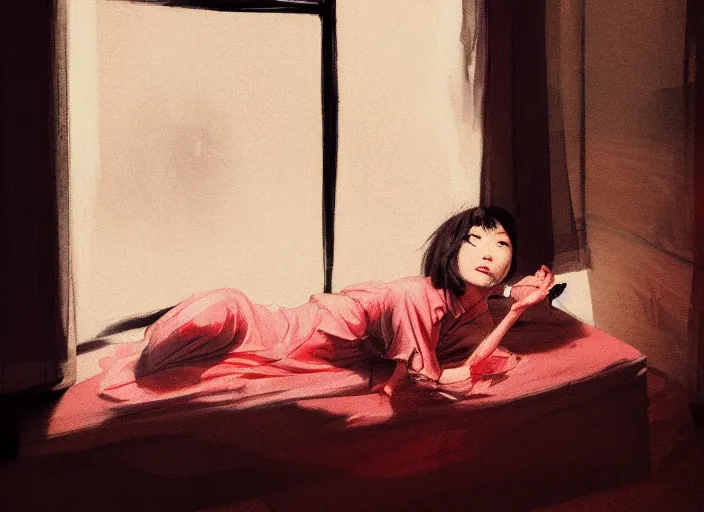 Image similar to famous japanese actress girl seeing the shadow of her desires on the bed of abandoned nightmare house with a light from a window creating dreams, style of James Jean, Edward Hopper, Francis Bacon, colors of Mark Rothko, Frank Auerbach, trending on artstation, Greg Rutkowski, dark atmosphere