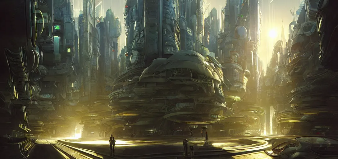 Image similar to futuristic street of a solarpunk alien city by taras shevchenko, extreme backlighting, sci fi, highly detailed, intrincate, digital painting, smooth, sharp focus, golden ratio, illustration, concept art, by stephen hickman and james gurney and hiromasa ogura ghost in the shell