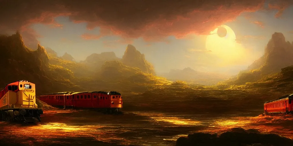 Image similar to very detailed and perfectly readable fine and soft relevant out of lines soft edges painting by beautiful walt disney animation films of the late 1 9 9 0 s and thomas cole in hd, we see a scrapped train in the middle of a lunar landscape, nice lighting, perfect readability, uhd upscale