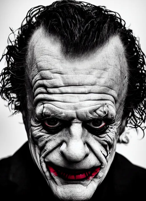 Prompt: photo of John Noble as the Joker by Lee Jeffries, head shot, detailed, award winning, Sony a7R