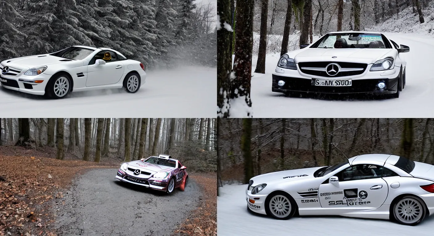 Prompt: a 2 0 1 0 mercedes - benz slk 5 5 amg, racing through a rally stage in a snowy forest