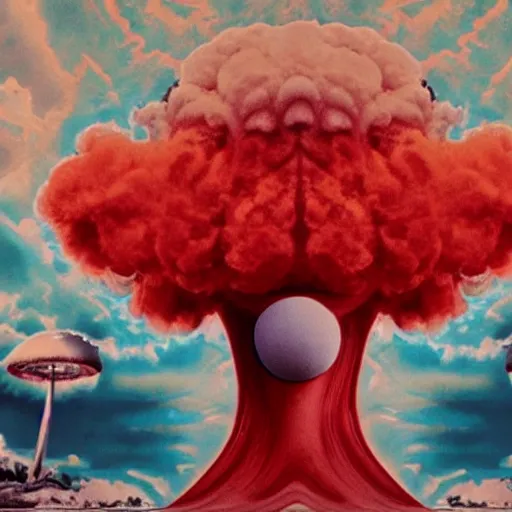 Image similar to an atomic explosion mushroom cloud that looks like a clown and is made of many smaller clowns recursive