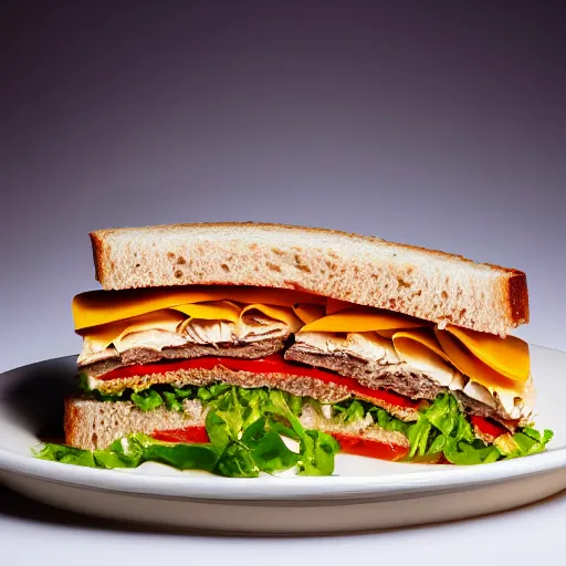 Prompt: food magazine photograph of a sandwich covered in soup. highly detailed 8 k photo. studio lighting.