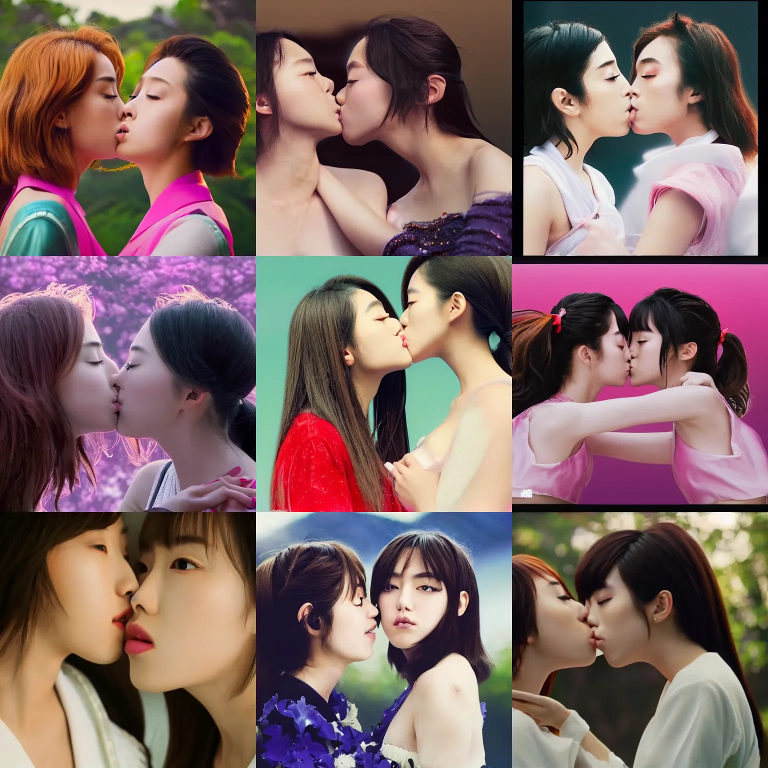 Prompt: unbelievably beautiful, perfect, dynamic, epic, cinematic 8 k hd movie shot, kiss of two japanese beautiful cute young j - pop idols actresses girls, they kiss each other. motion, vfx, inspirational arthouse, high budget, hollywood style, at behance, at netflix, with instagram filters, photoshop, adobe lightroom, adobe after effects, taken with polaroid kodak portra